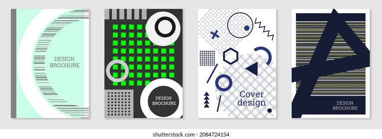 Cover-Design im Memphis-Stil. Geometrisches Design, abstrakter Hintergrund. Modisch helles Cover, Banner, Poster, Broschüre. Kreative Farben.