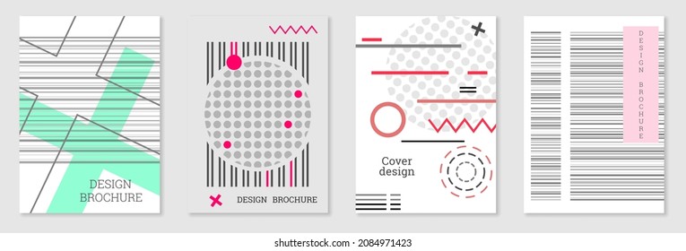 Set of cover design in Memphis style. Geometric design, abstract background. Fashionable bright cover, banner, poster, booklet. Creative colors.