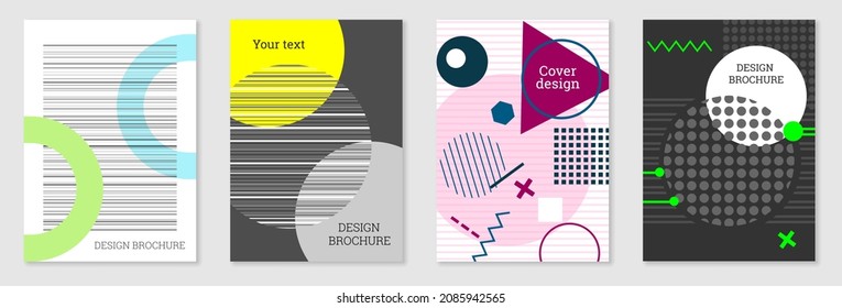 Set of cover design in Memphis style. Geometric design, abstract background. Fashionable bright cover, banner, poster, booklet. Creative colors.