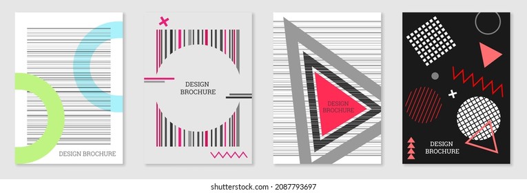 Set of cover design in Memphis style. Geometric design, abstract background. Fashionable bright cover, banner, poster, booklet. Creative colors.