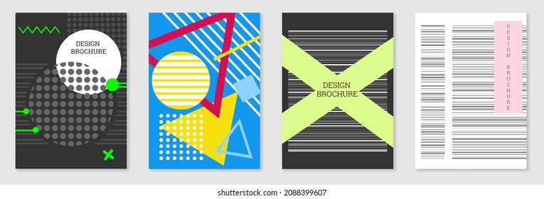 Set of cover design in Memphis style. Geometric design, abstract background. Fashionable bright cover, banner, poster, booklet. Creative colors.