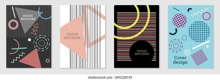 Set of cover design in Memphis style. Geometric design, abstract background. Fashionable bright cover, banner, poster, booklet. Creative colors.