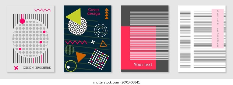 Set of cover design in Memphis style. Geometric design, abstract background. Fashionable bright cover, banner, poster, booklet. Creative colors.
