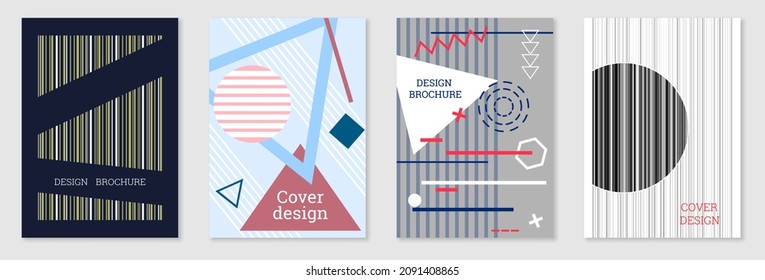 Set of cover design in Memphis style. Geometric design, abstract background. Fashionable bright cover, banner, poster, booklet. Creative colors.