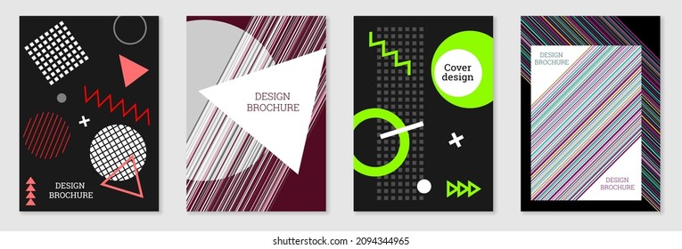 Set of cover design in Memphis style. Geometric design, abstract background. Fashionable bright cover, banner, poster, booklet. Creative colors.