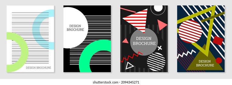 Cover-Design im Memphis-Stil. Geometrisches Design, abstrakter Hintergrund. Modisch helles Cover, Banner, Poster, Broschüre. Kreative Farben.