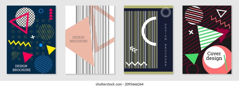 Set of cover design in Memphis style. Geometric design, abstract background. Fashionable bright cover, banner, poster, booklet. Creative colors.
