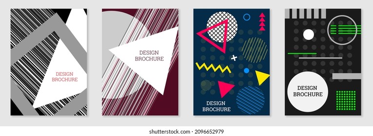 Set of cover design in Memphis style. Geometric design, abstract background. Fashionable bright cover, banner, poster, booklet. Creative colors.