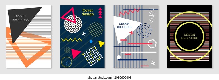 Set of cover design in Memphis style. Geometric design, abstract background. Fashionable bright cover, banner, poster, booklet. Creative colors.