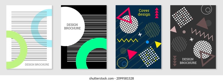 Set of cover design in Memphis style. Geometric design, abstract background. Fashionable bright cover, banner, poster, booklet. Creative colors.