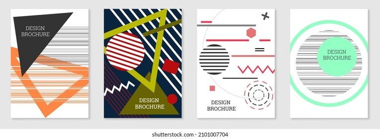 Cover-Design im Memphis-Stil. Geometrisches Design, abstrakter Hintergrund. Modisch helles Cover, Banner, Poster, Broschüre. Kreative Farben.