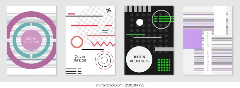 Set of cover design in Memphis style. Geometric design, abstract background. Fashionable bright cover, banner, poster, booklet. Creative colors.