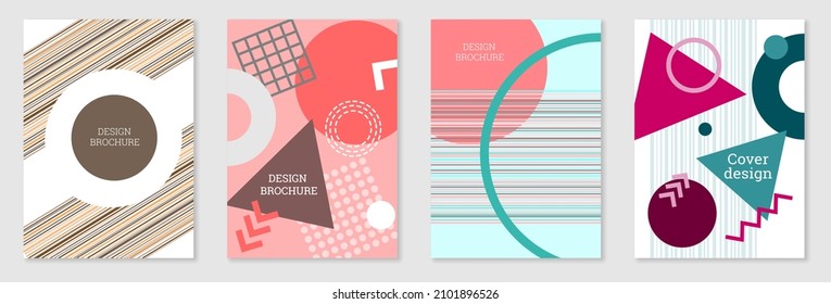 Set of cover design in Memphis style. Geometric design, abstract background. Fashionable bright cover, banner, poster, booklet. Creative colors.