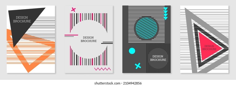 Set of cover design in Memphis style. Geometric design, abstract background. Fashionable bright cover, banner, poster, booklet. Creative colors.