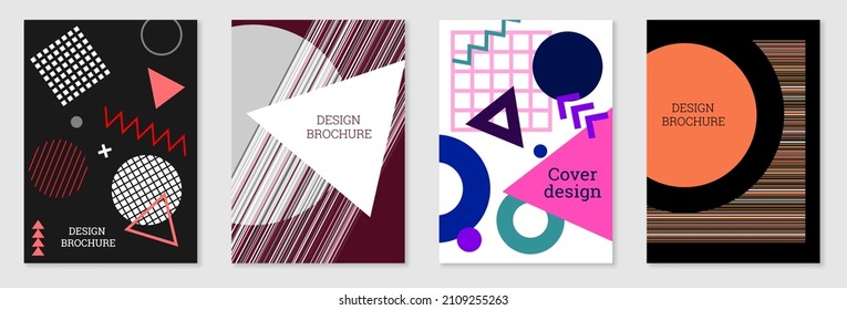 Set of cover design in Memphis style. Geometric design, abstract background. Fashionable bright cover, banner, poster, booklet. Creative colors.