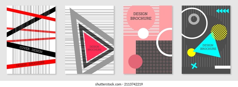 Cover-Design im Memphis-Stil. Geometrisches Design, abstrakter Hintergrund. Modisch helles Cover, Banner, Poster, Broschüre. Kreative Farben.