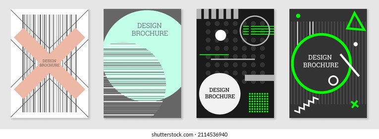 Set of cover design in Memphis style. Geometric design, abstract background. Fashionable bright cover, banner, poster, booklet. Creative colors.