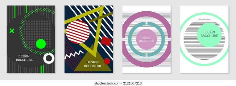 Set of cover design in Memphis style. Geometric design, abstract background. Fashionable bright cover, banner, poster, booklet. Creative colors.