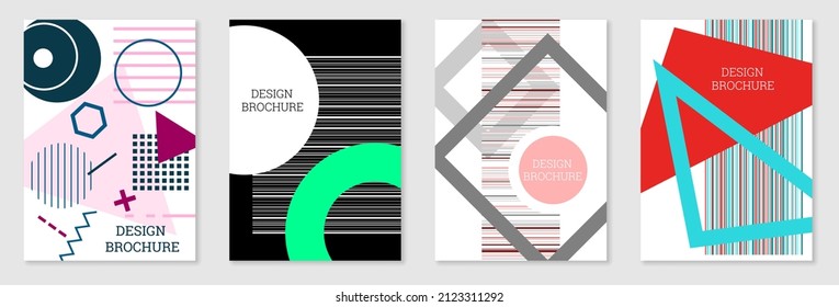 Cover-Design im Memphis-Stil. Geometrisches Design, abstrakter Hintergrund. Modisch helles Cover, Banner, Poster, Broschüre. Kreative Farben.