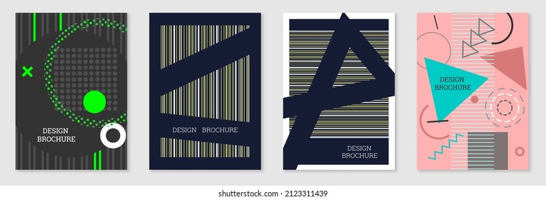 Set of cover design in Memphis style. Geometric design, abstract background. Fashionable bright cover, banner, poster, booklet. Creative colors.