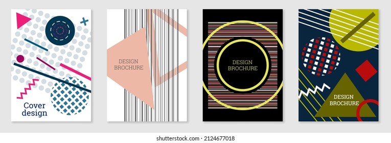 Diseño de portada al estilo Memphis. Diseño geométrico, fondo abstracto. Portada moderna y brillante, pancarta, afiche, folleto. Colores creativos.