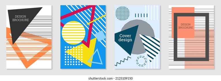 Set of cover design in Memphis style. Geometric design, abstract background. Fashionable bright cover, banner, poster, booklet. Creative colors.
