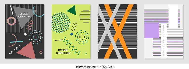 Set of cover design in Memphis style. Geometric design, abstract background. Fashionable bright cover, banner, poster, booklet. Creative colors.