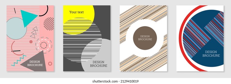 Set of cover design in Memphis style. Geometric design, abstract background. Fashionable bright cover, banner, poster, booklet. Creative colors.