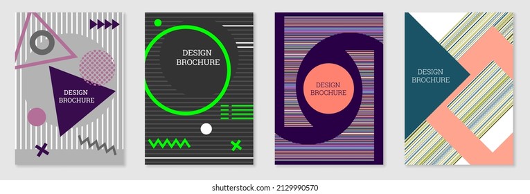 Set of cover design in Memphis style. Geometric design, abstract background. Fashionable bright cover, banner, poster, booklet. Creative colors.