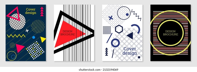 Diseño de portada al estilo Memphis. Diseño geométrico, fondo abstracto. Portada moderna y brillante, pancarta, afiche, folleto. Colores creativos.