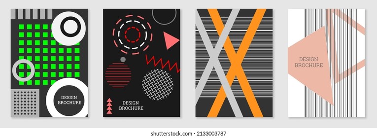 Set of cover design in Memphis style. Geometric design, abstract background. Fashionable bright cover, banner, poster, booklet. Creative colors.