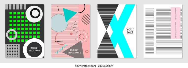 Set of cover design in Memphis style. Geometric design, abstract background. Fashionable bright cover, banner, poster, booklet. Creative colors.