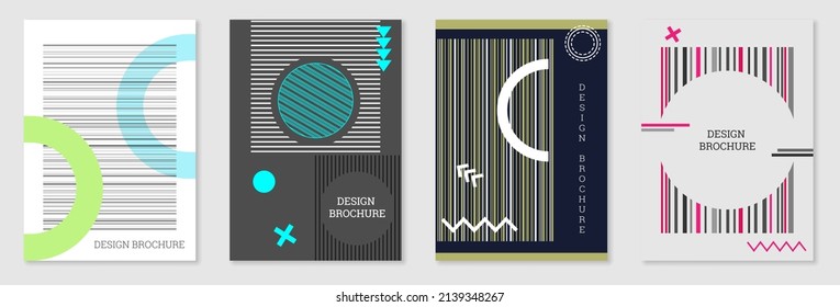 Set of cover design in Memphis style. Geometric design, abstract background. Fashionable bright cover, banner, poster, booklet. Creative colors.