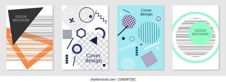 Set of cover design in Memphis style. Geometric design, abstract background. Fashionable bright cover, banner, poster, booklet. Creative colors.