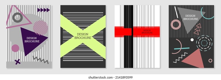Set of cover design in Memphis style. Geometric design, abstract background. Fashionable bright cover, banner, poster, booklet. Creative colors.