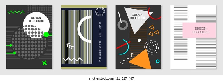 Set of cover design in Memphis style. Geometric design, abstract background. Fashionable bright cover, banner, poster, booklet. Creative colors.