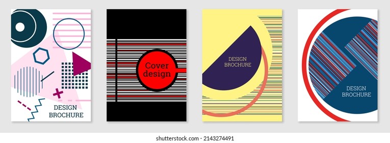 Set of cover design in Memphis style. Geometric design, abstract background. Fashionable bright cover, banner, poster, booklet. Creative colors.