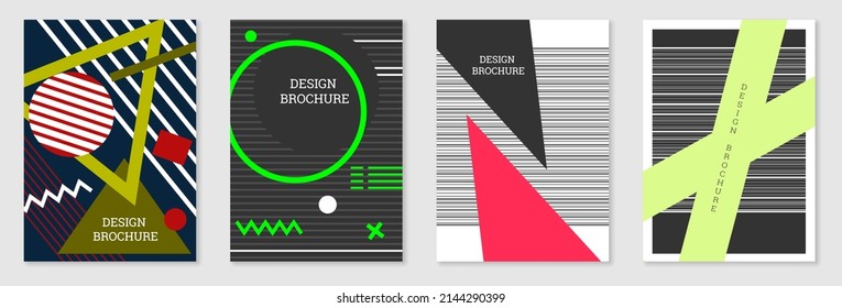 Cover-Design im Memphis-Stil. Geometrisches Design, abstrakter Hintergrund. Modisch helles Cover, Banner, Poster, Broschüre. Kreative Farben.