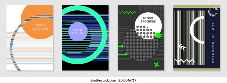 Cover-Design im Memphis-Stil. Geometrisches Design, abstrakter Hintergrund. Modisch helles Cover, Banner, Poster, Broschüre. Kreative Farben.