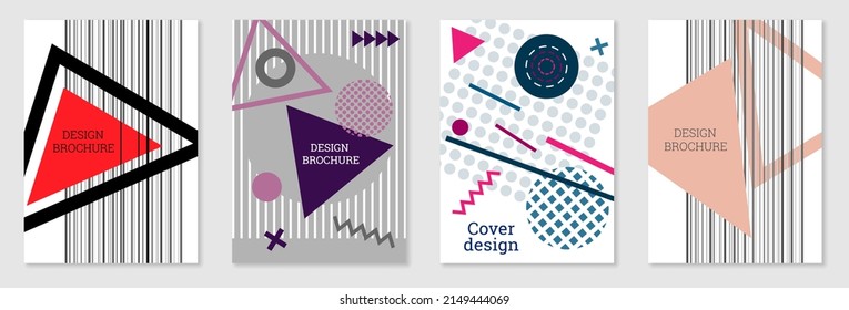 Set of cover design in Memphis style. Geometric design, abstract background. Fashionable bright cover, banner, poster, booklet. Creative colors.
