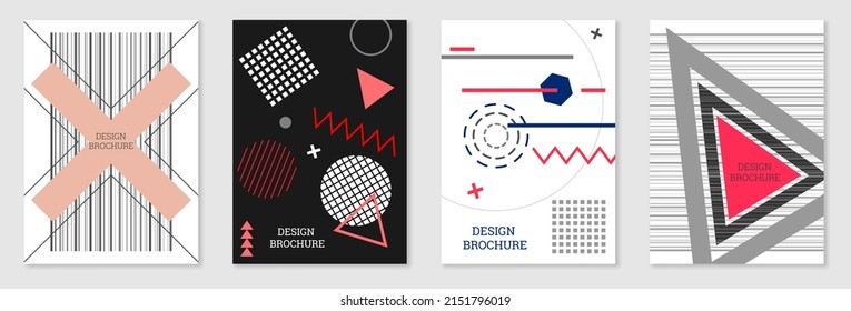 Set of cover design in Memphis style. Geometric design, abstract background. Fashionable bright cover, banner, poster, booklet. Creative colors.
