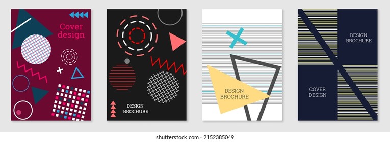 Set of cover design in Memphis style. Geometric design, abstract background. Fashionable bright cover, banner, poster, booklet. Creative colors.