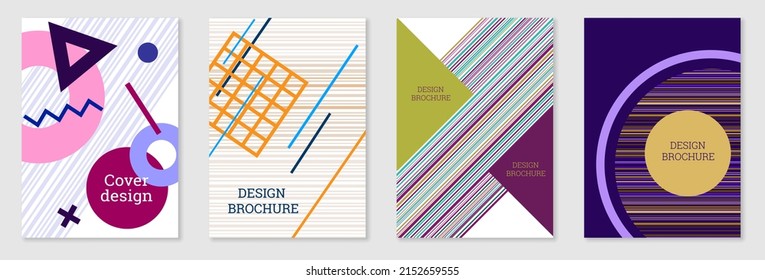 Set of cover design in Memphis style. Geometric design, abstract background. Fashionable bright cover, banner, poster, booklet. Creative colors.
