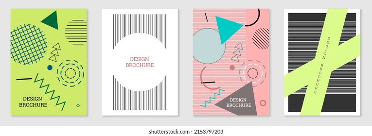 Set of cover design in Memphis style. Geometric design, abstract background. Fashionable bright cover, banner, poster, booklet. Creative colors.