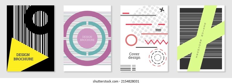 Set of cover design in Memphis style. Geometric design, abstract background. Fashionable bright cover, banner, poster, booklet. Creative colors.