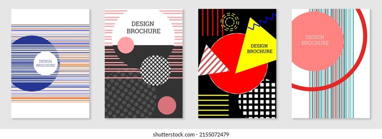 Set of cover design in Memphis style. Geometric design, abstract background. Fashionable bright cover, banner, poster, booklet. Creative colors.