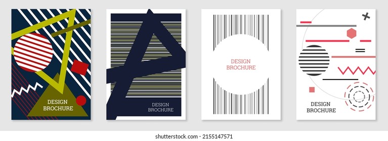 Set of cover design in Memphis style. Geometric design, abstract background. Fashionable bright cover, banner, poster, booklet. Creative colors.