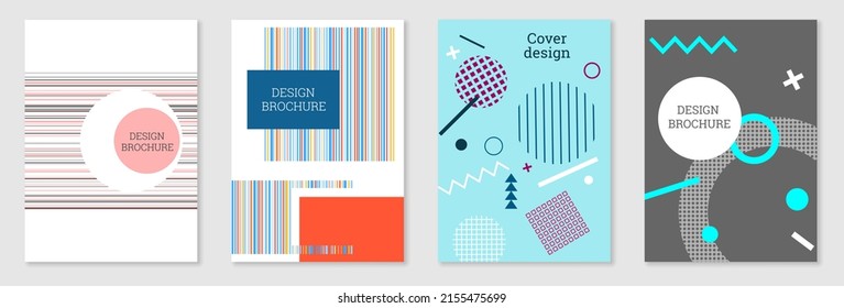 Set of cover design in Memphis style. Geometric design, abstract background. Fashionable bright cover, banner, poster, booklet. Creative colors.
