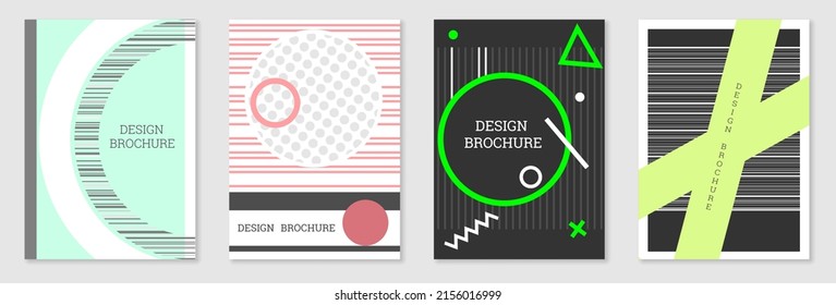 Cover-Design im Memphis-Stil. Geometrisches Design, abstrakter Hintergrund. Modisch helles Cover, Banner, Poster, Broschüre. Kreative Farben.