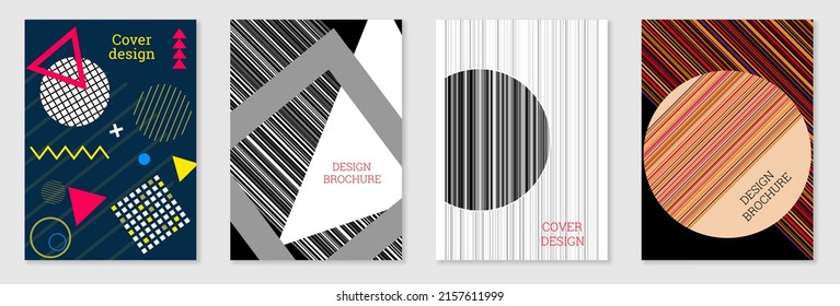 Set of cover design in Memphis style. Geometric design, abstract background. Fashionable bright cover, banner, poster, booklet. Creative colors.